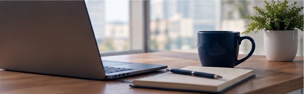 Escritorio con laptop, libreta y una taza