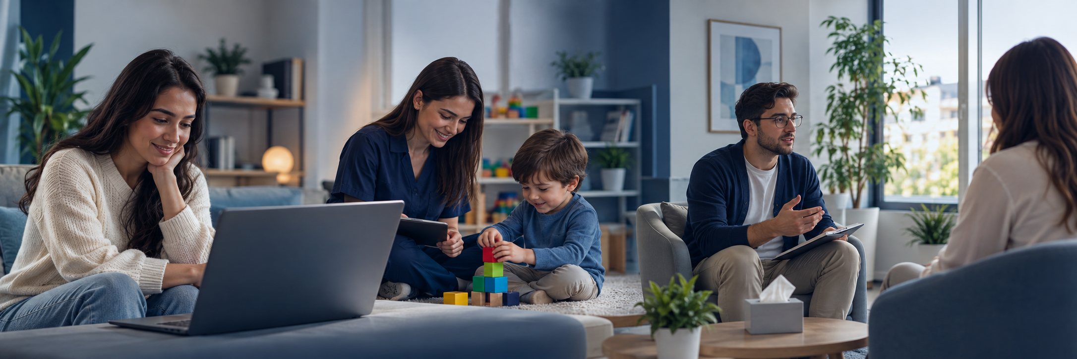 Personas en sesiones de acompañamiento psicológico: una sesión virtual, terapia con un niño y una conversación en consulta